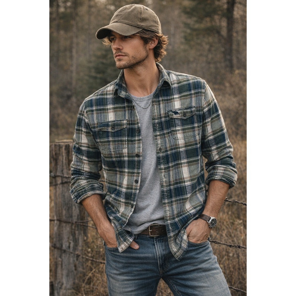 Abercrombie & Fitch Flannel Shirt Mens M Green Plaid Moose Logo Y2K Grunge